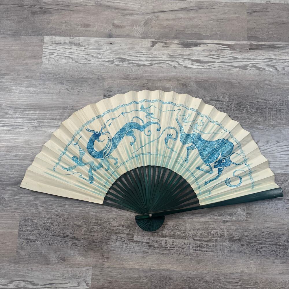 Vintage 1980s Chinese Folding Wall Fan Bamboo Paper Animal Chinoiserie Decor